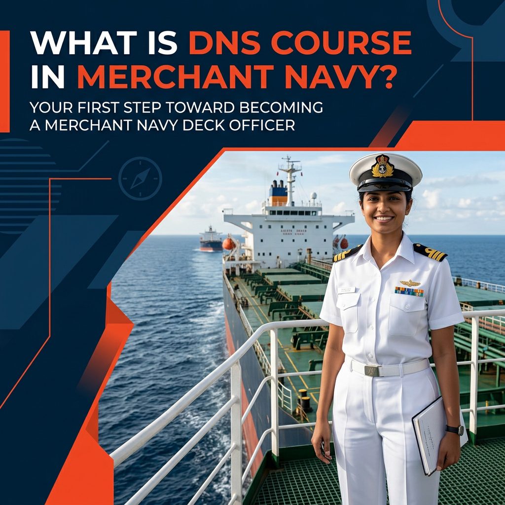 Main banner for DNS Course in Merchant Navy with a female officer character in front of a ship