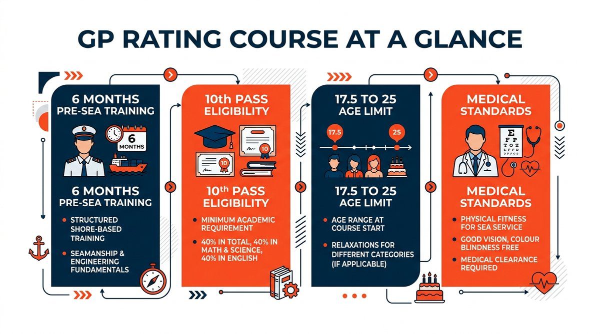 GP Rating Course at a Glance infographic showing 6 months training, 10th eligibility, and medical fitness