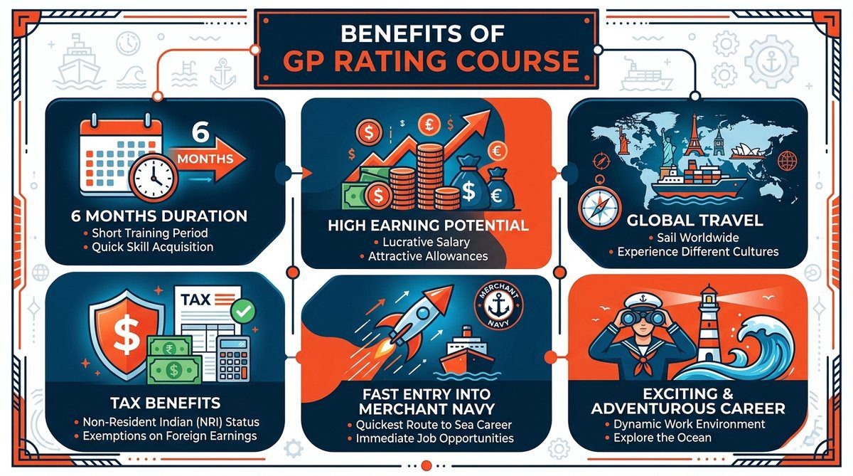 Benefits of GP Rating Course infographic highlighting 6 months duration, high salary, and global employment