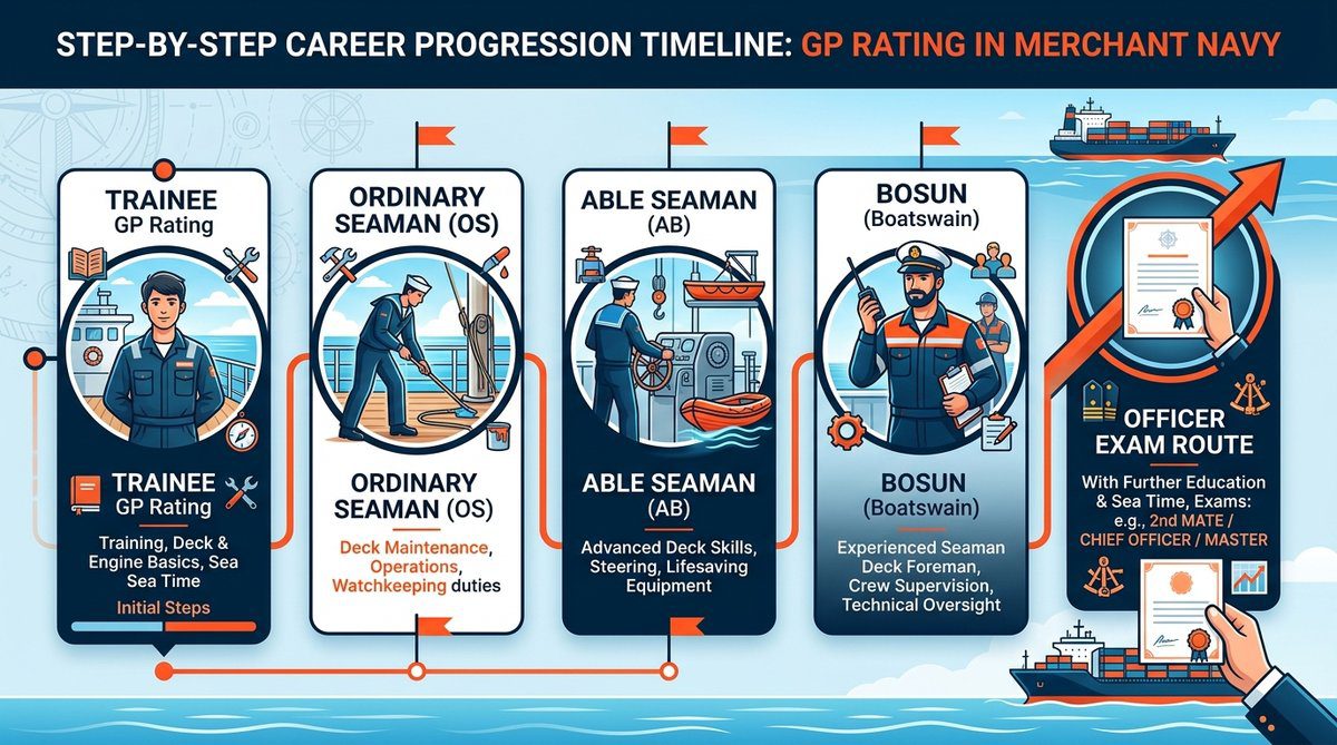 Career progression pathway for GP Rating in Merchant Navy timeline from Trainee to AB, Oiler, Bosun, and Officer
