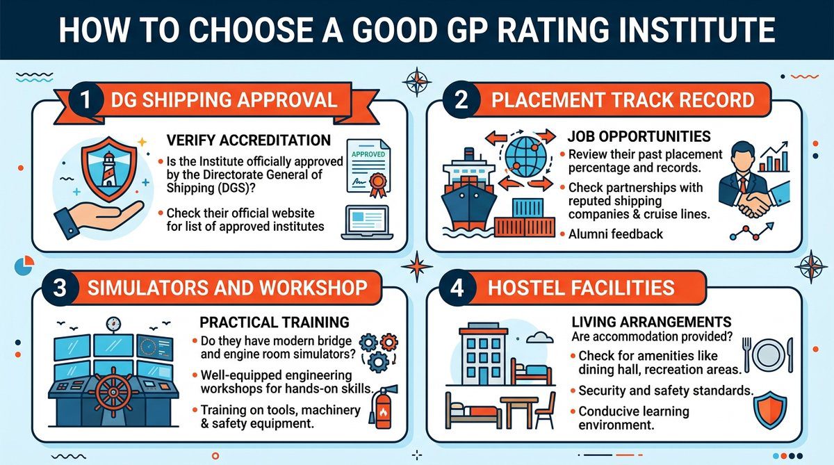 How to Choose a Good GP Rating Institute detailing DG Shipping approval, placement records, and simulators