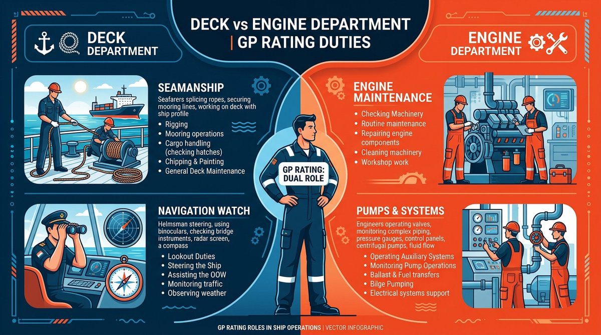 Deck vs Engine department responsibilities for GP Rating seafarers infographic displaying seamanship and engine tasks