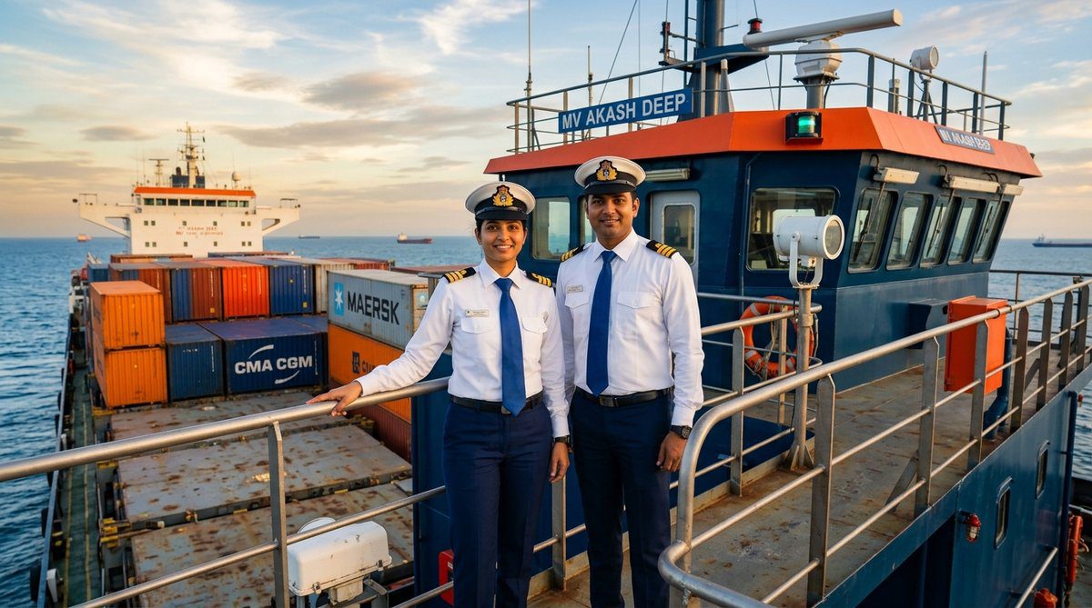 GP Rating Course male and female Merchant Navy seafarers standing on container ship deck