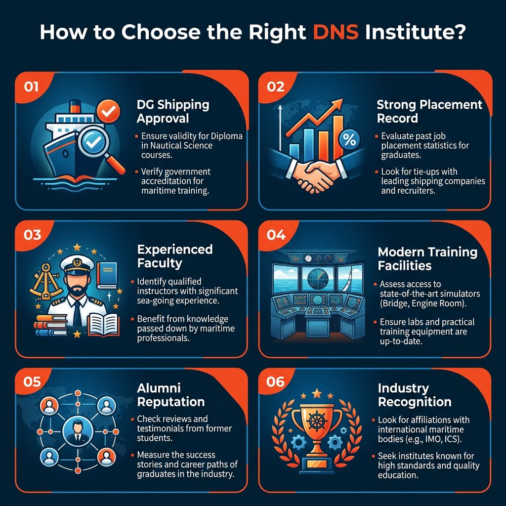 How to Choose a Merchant Navy DNS Course Institute detailing DGMA approval, placement records, and simulators