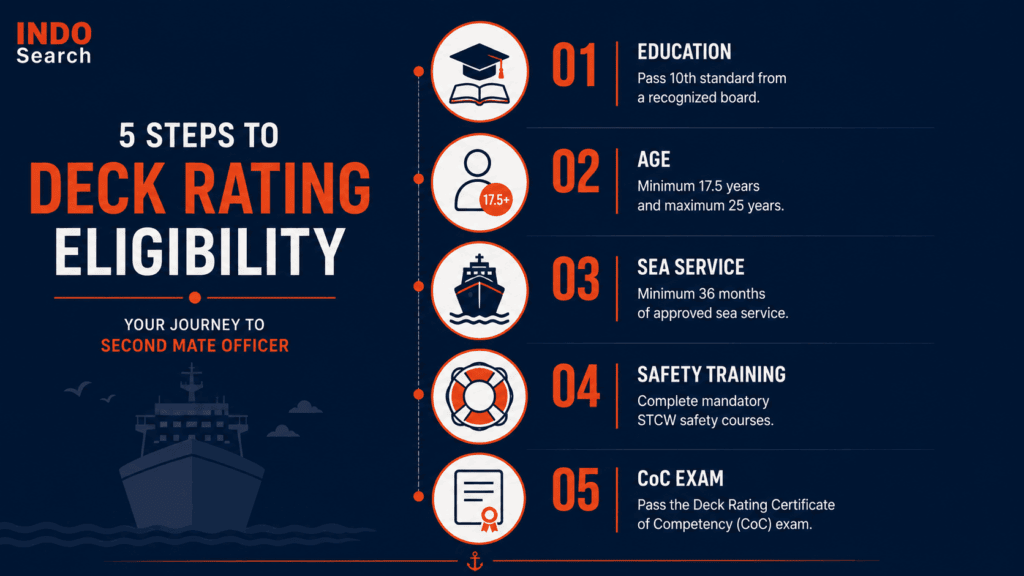 Infographic showing eligibility steps for Second Mate FG course for Deck Ratings
