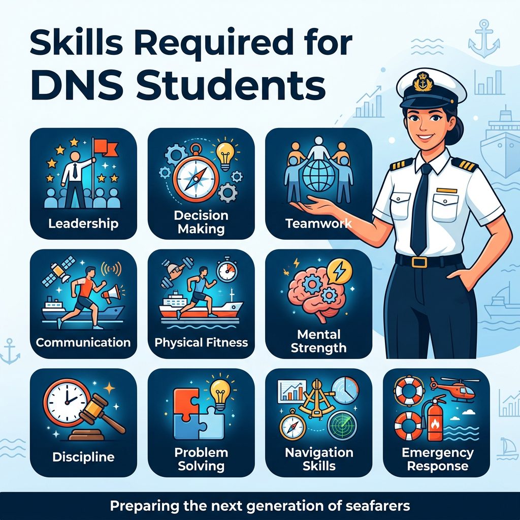 Skills Required for Merchant Navy DNS Course Students displaying leadership, teamwork, navigation, and mental strength