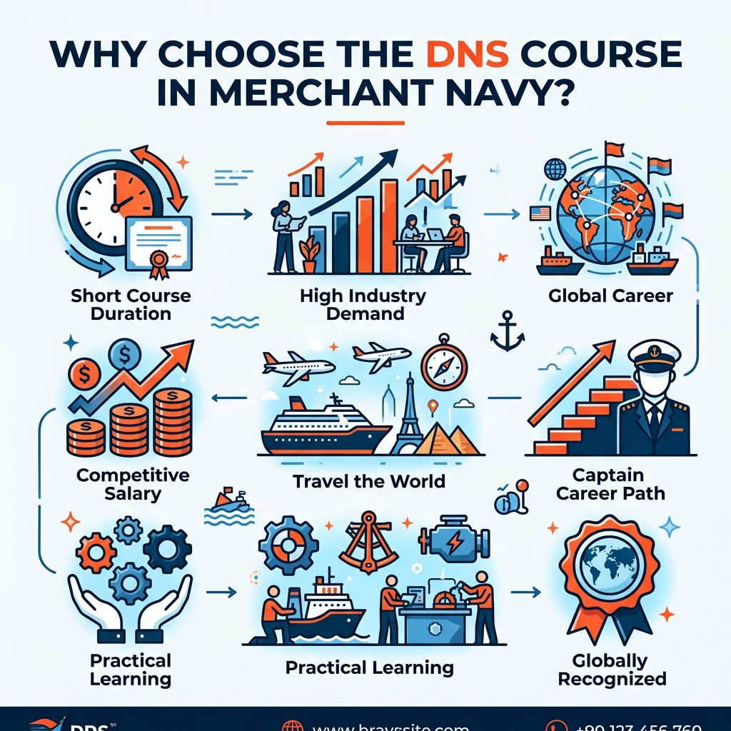 Why Choose the Merchant Navy DNS Course infographic listing short duration, high demand, and global opportunities