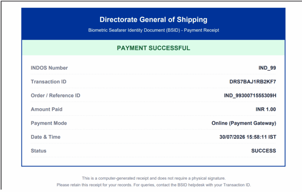 BSID Card Application Payment Details