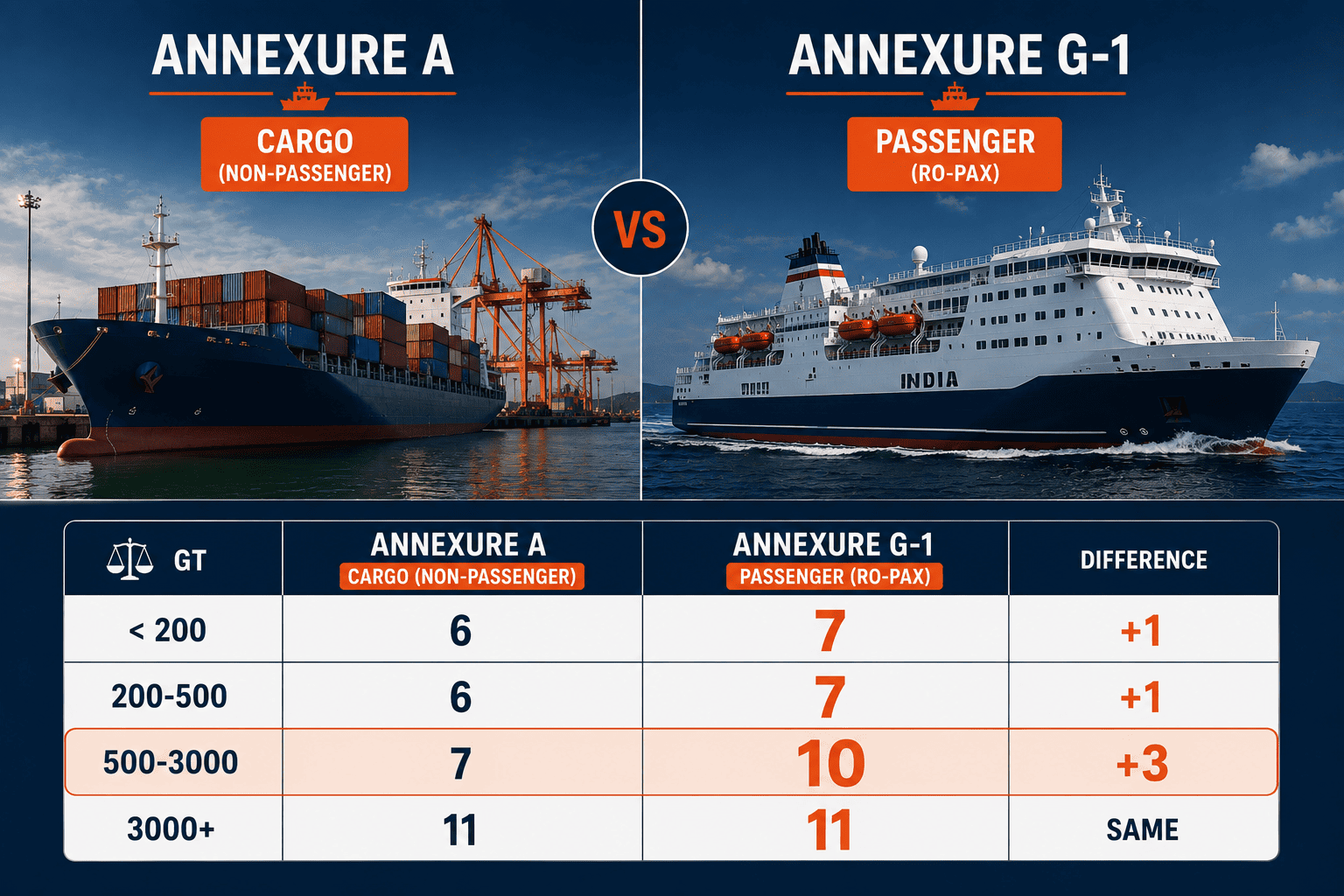 Comparison of Annexure A cargo and Annexure G-1 passenger vessel safe manning requirements by gross tonnage