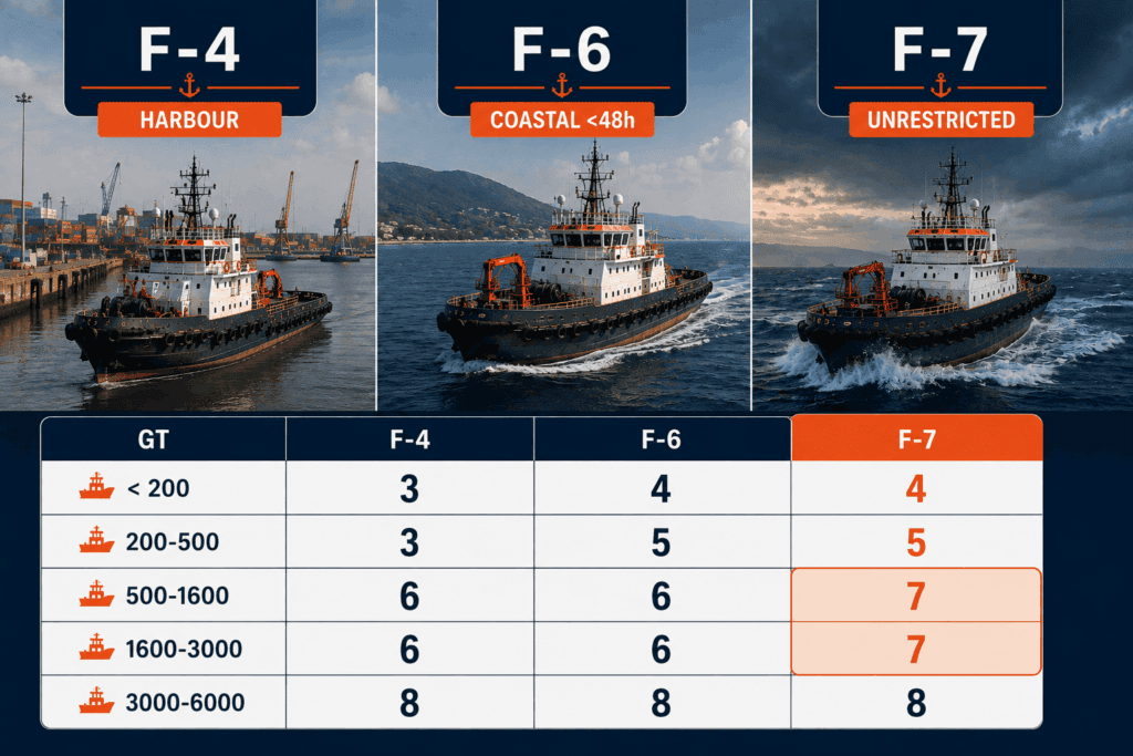 Comparison of F-4, F-6 and F-7 safe manning requirements for River-Sea Vessels