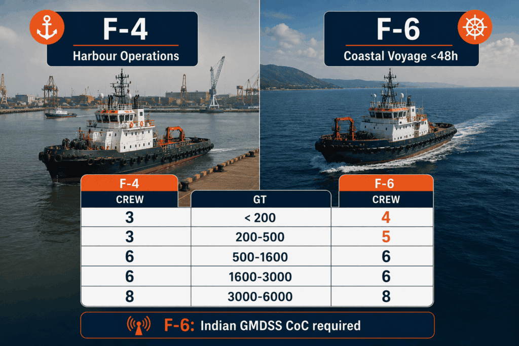 Comparison of F-4 harbour and F-6 coastal voyage manning requirements for River-Sea Vessels