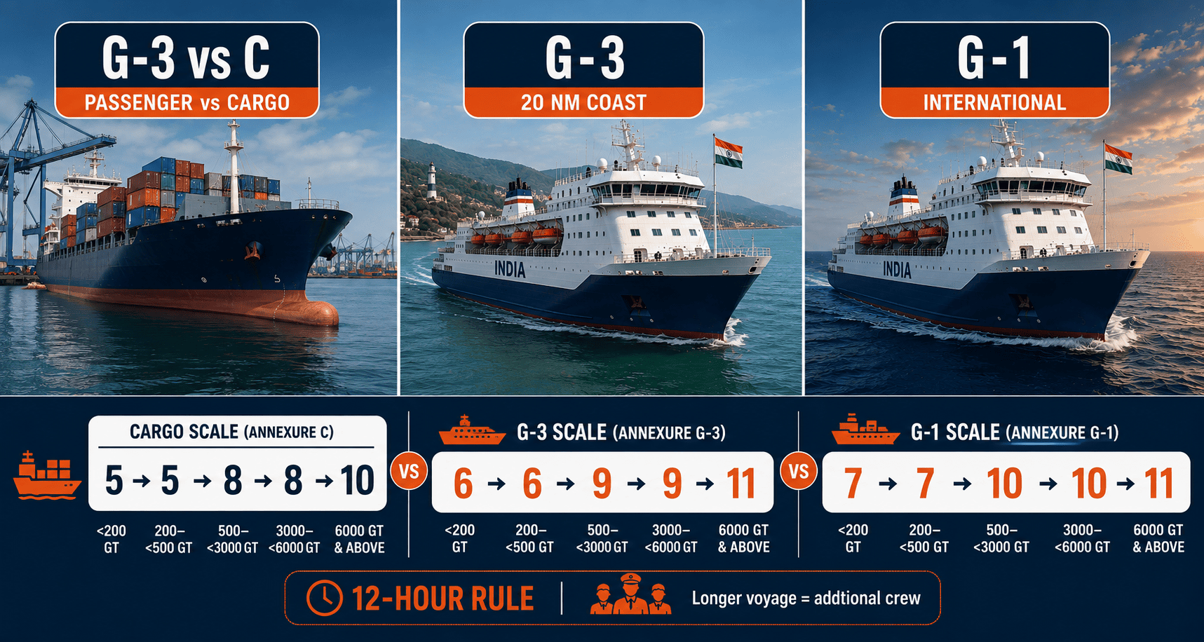 Comparison of G-3 passenger, G-1 international and C cargo vessel safe manning scales