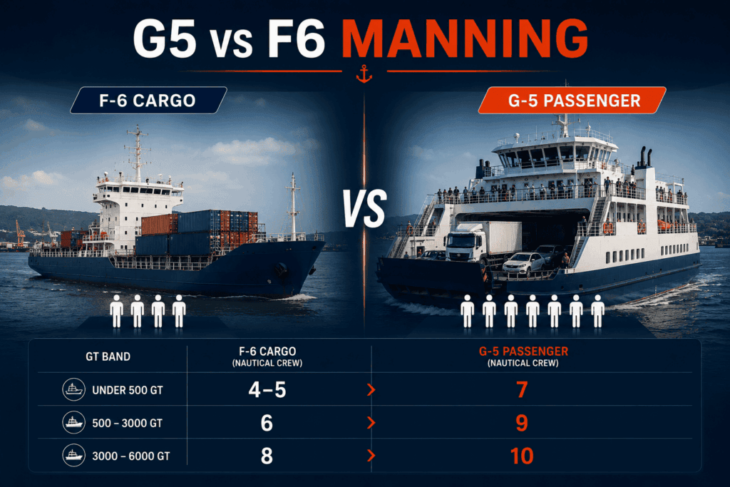 Comparison of G5 passenger and F6 cargo crew requirements for Type 3 River-Sea Vessels