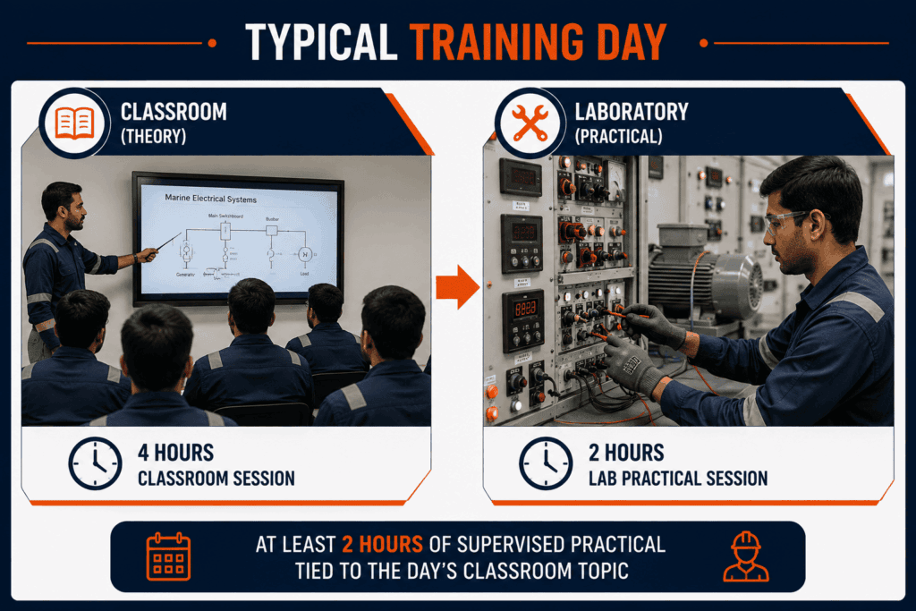 Daily schedule showing classroom theory followed by lab practical training