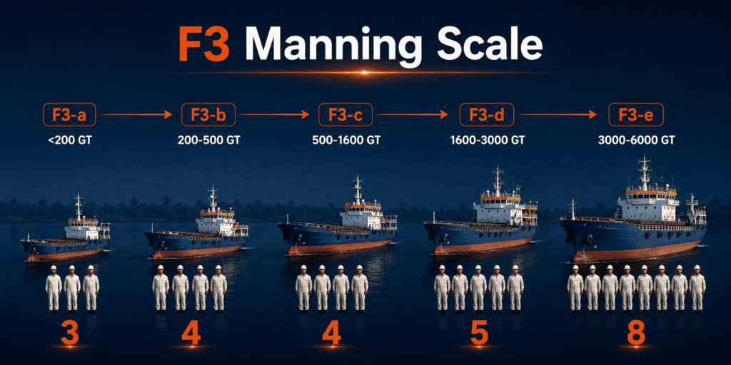 F3 minimum safe manning scale for Type 1 River-Sea Vessels by GT