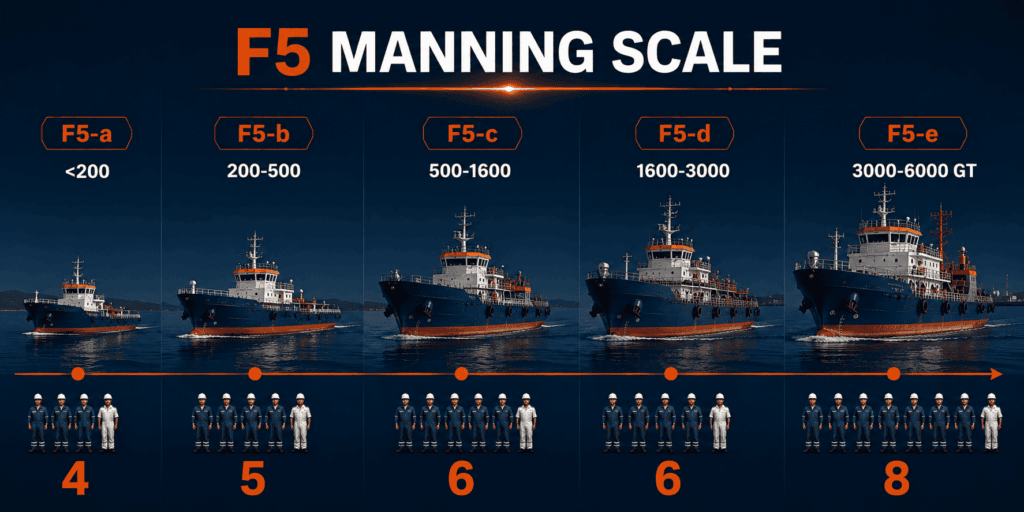 F5 minimum safe manning scale for River-Sea Vessels from under 200 to 6000 GT