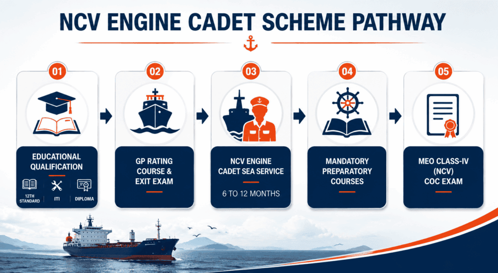Flowchart of the NCV Engine Cadet Scheme pathway from GP Rating to MEO Class IV NCV CoC