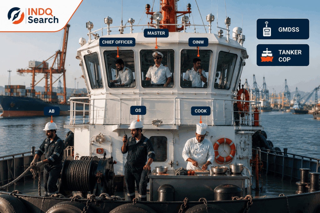 Harbour vessel crew structure showing Master Chief Officer OINW AB OS and Cook