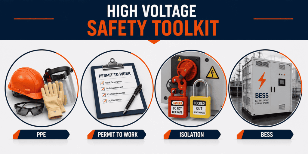 Icons for HV safety PPE, permit to work and battery energy storage
