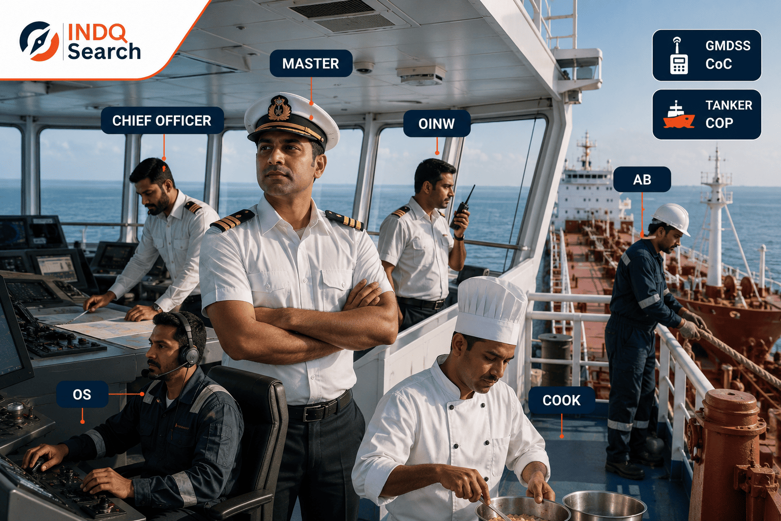 Indian coastal vessel crew structure showing Master Chief Officer OINW AB OS and Cook