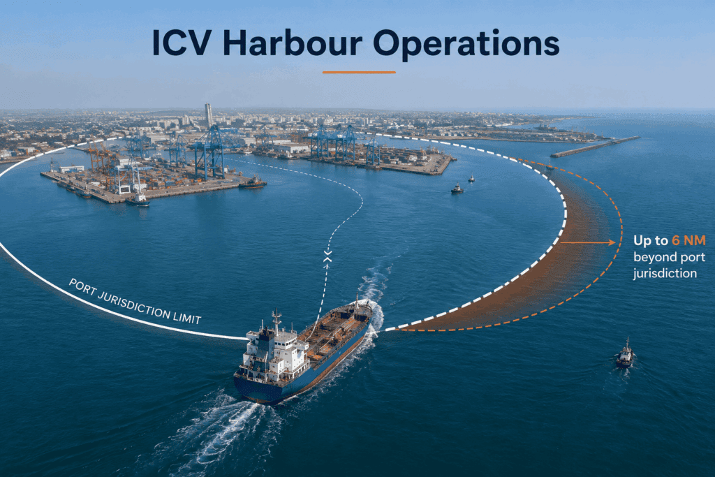 Indian coastal vessel operating near a port with a marked six nautical mile harbour operation zone