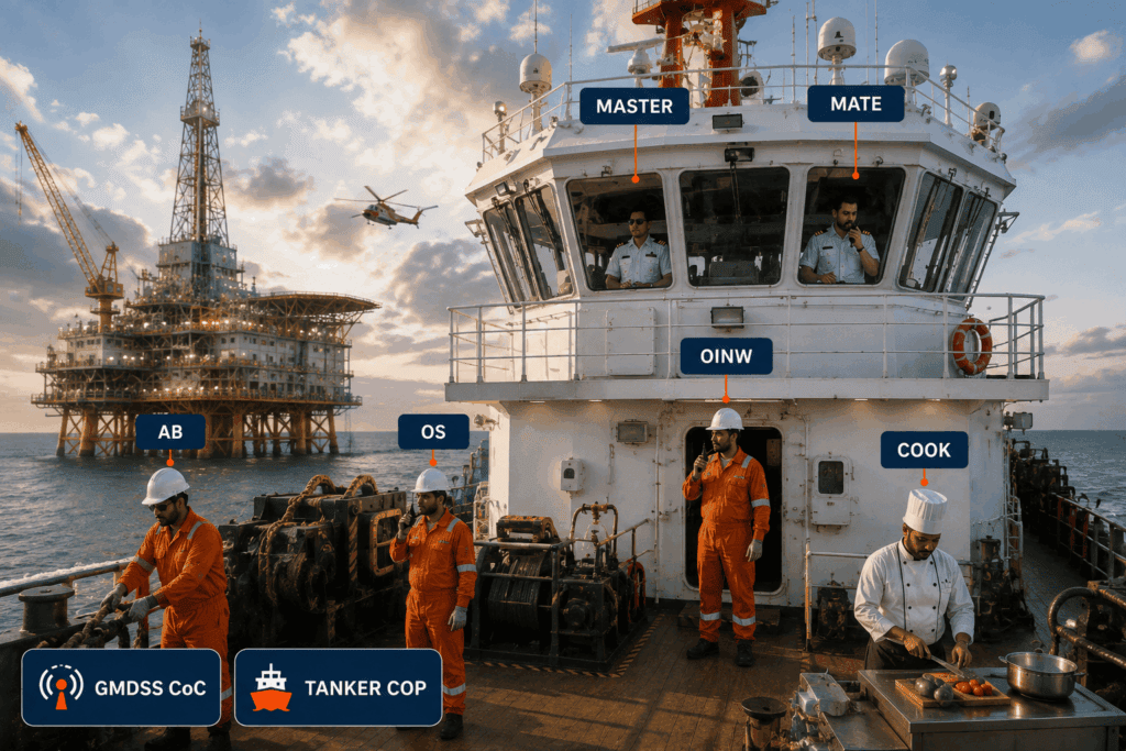Indian offshore vessel crew structure with Master Mate OINW AB OS and Cook