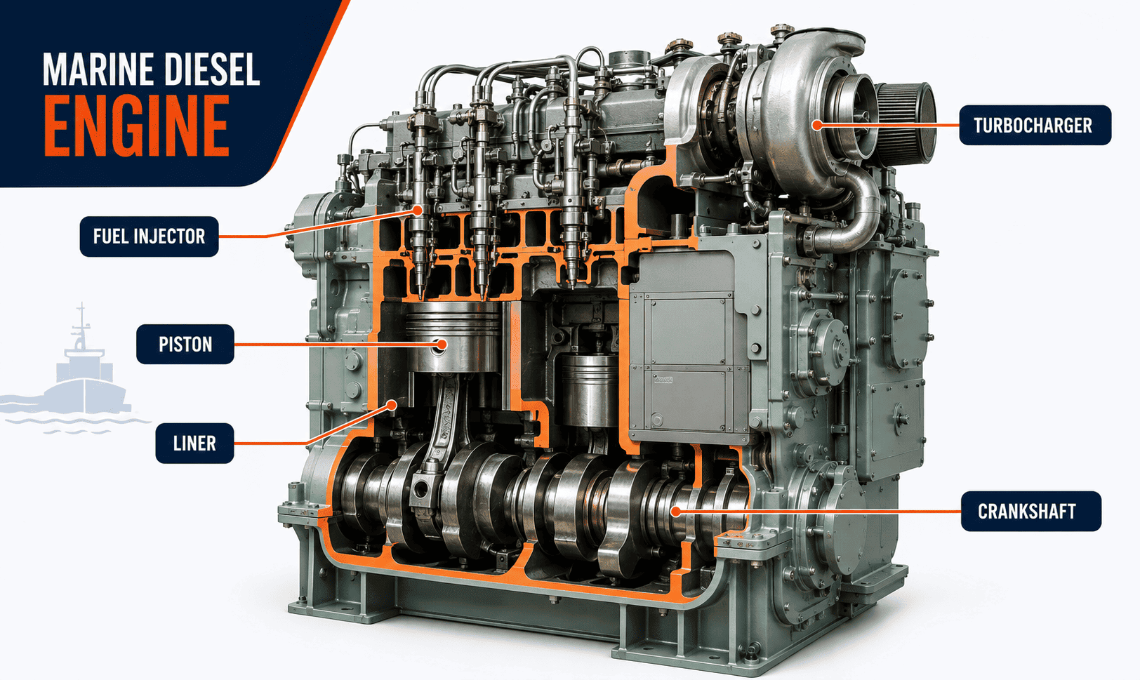 Labelled diagram of marine diesel engine components in MEO Class-IV syllabus