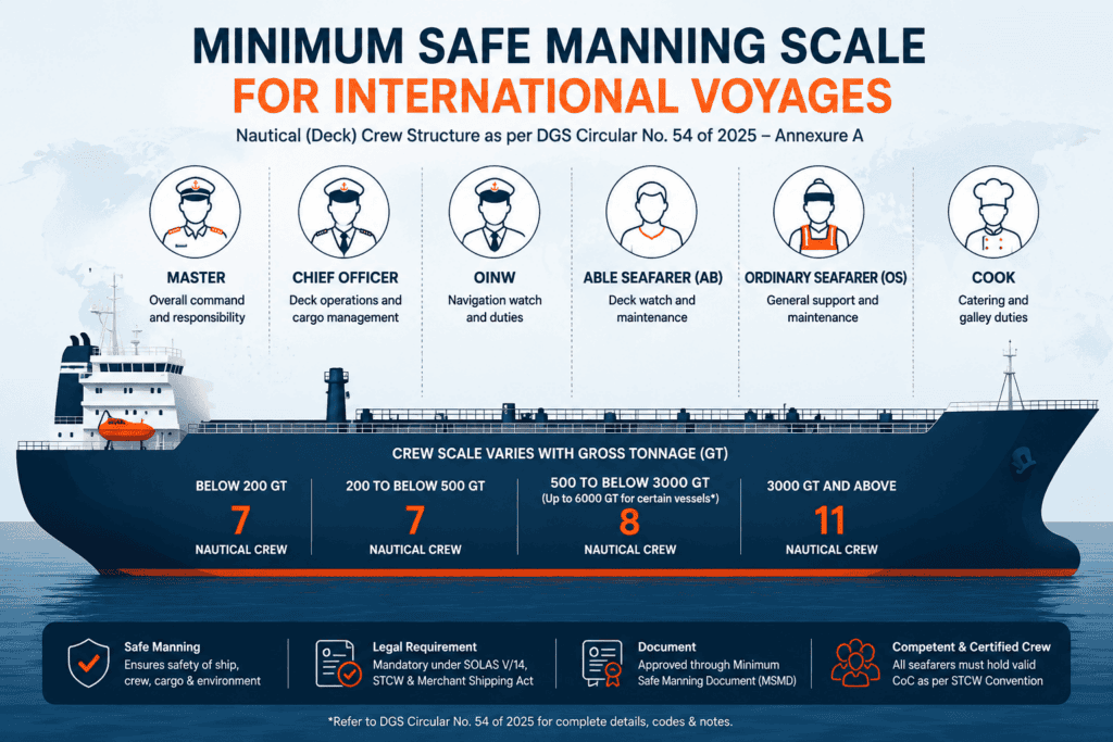 Infographic of minimum safe manning scale for international voyages showing Master Chief Officer AB OS and Cook ranks Infographic of minimum safe manning scale for international voyages showing Master Chief Officer AB OS and Cook ranks