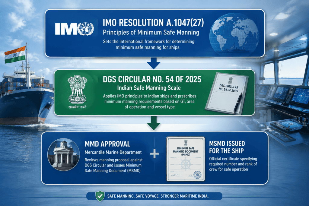 Flowchart of IMO SOLAS and Merchant Shipping Act framework behind Indian safe manning rules