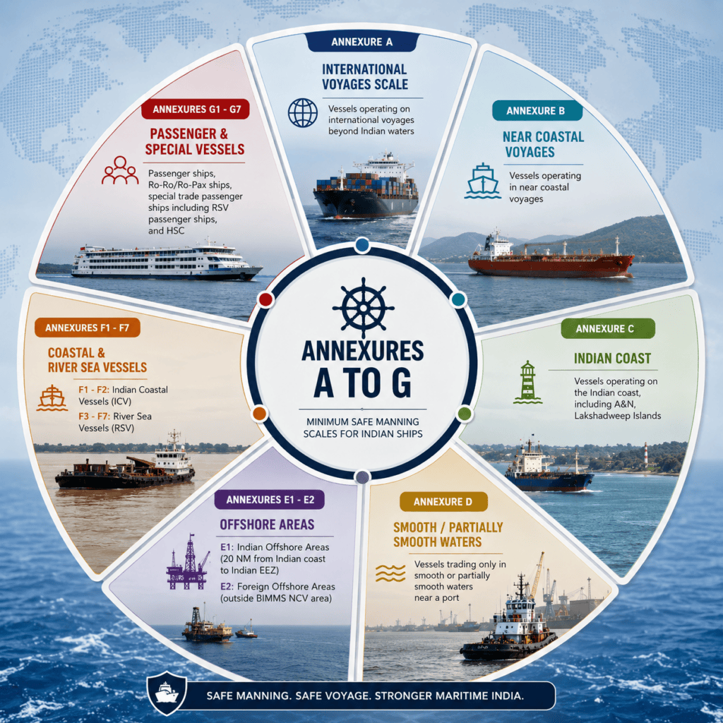 Infographic map of DGS Circular 54 of 2025 Annexures A to G for Indian flag vessel manning
