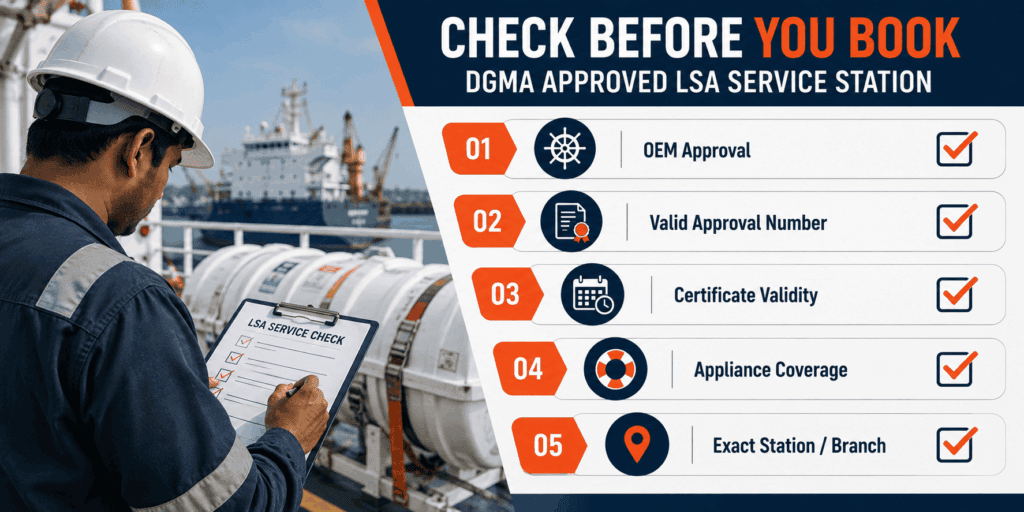Checklist for booking a DGMA approved LSA service station in India.
