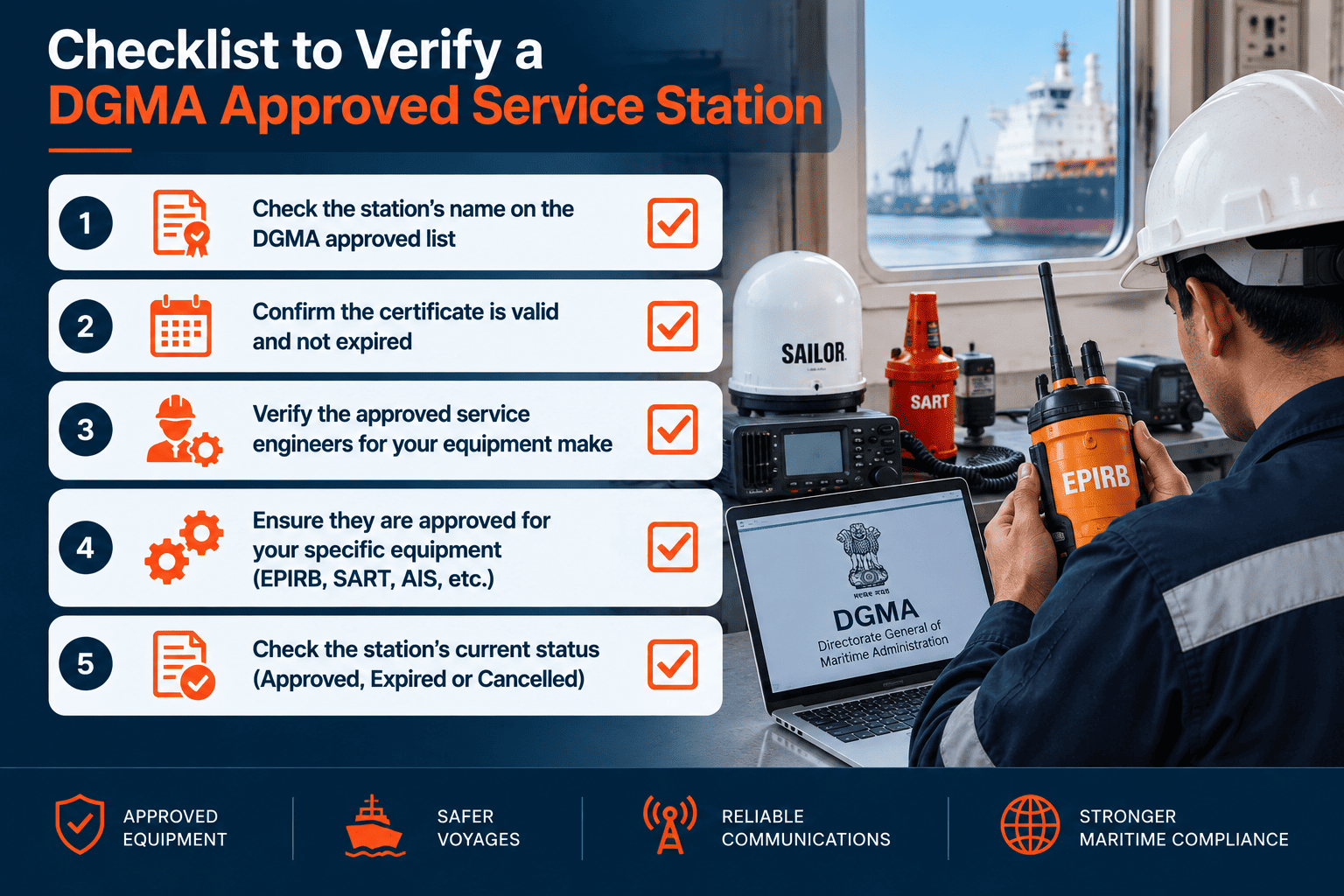 Checklist for verifying a DGMA approved radio service station before booking.