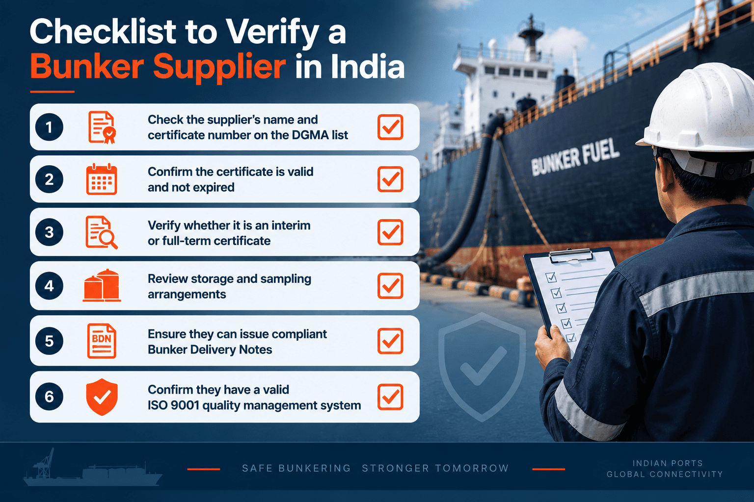 Checklist for verifying a bunker supplier before fixing a stem in India.