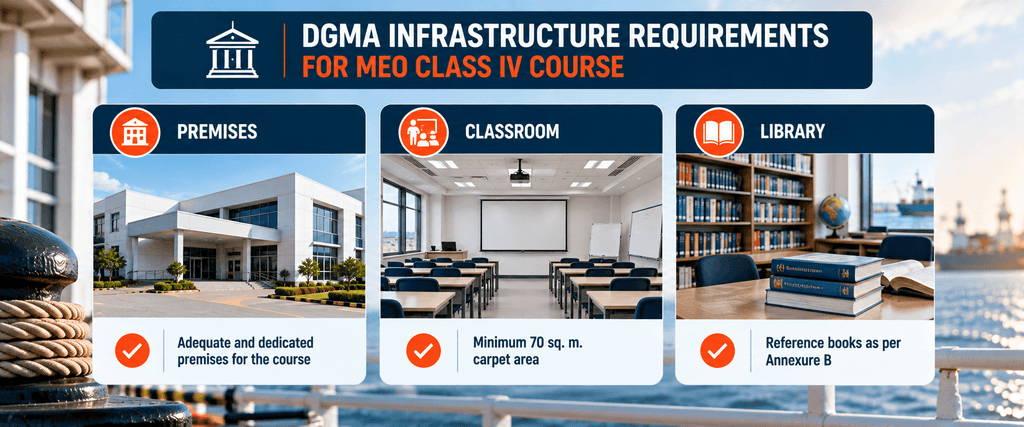 Checklist graphic of DGMA infrastructure requirements for MEO Class IV course