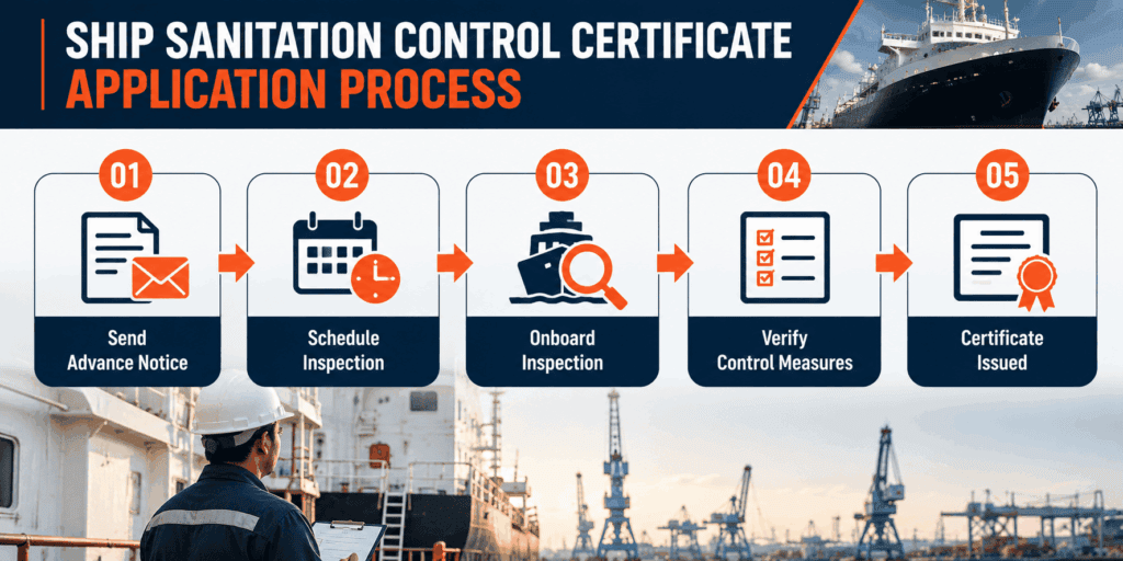 Flowchart of Ship Sanitation Control Certificate application and inspection steps