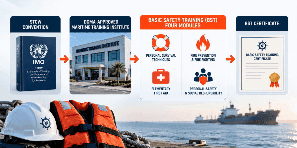 Flowchart showing STCW rules leading to BST training and certification for seafarers.