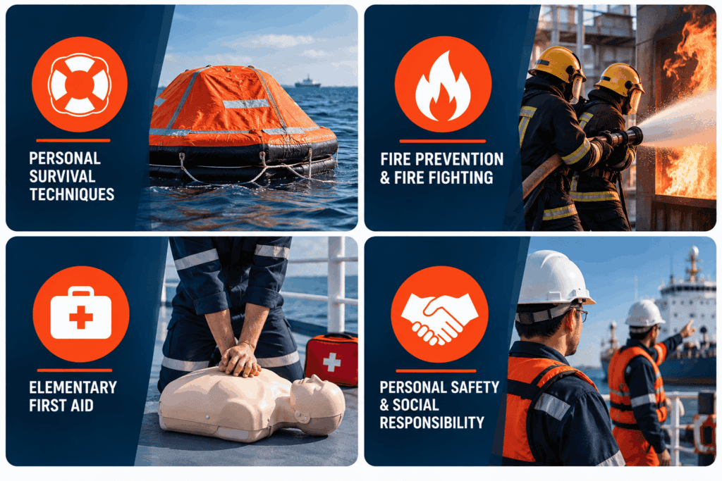 Four icons representing BST modules: survival, firefighting, first aid, and safety.