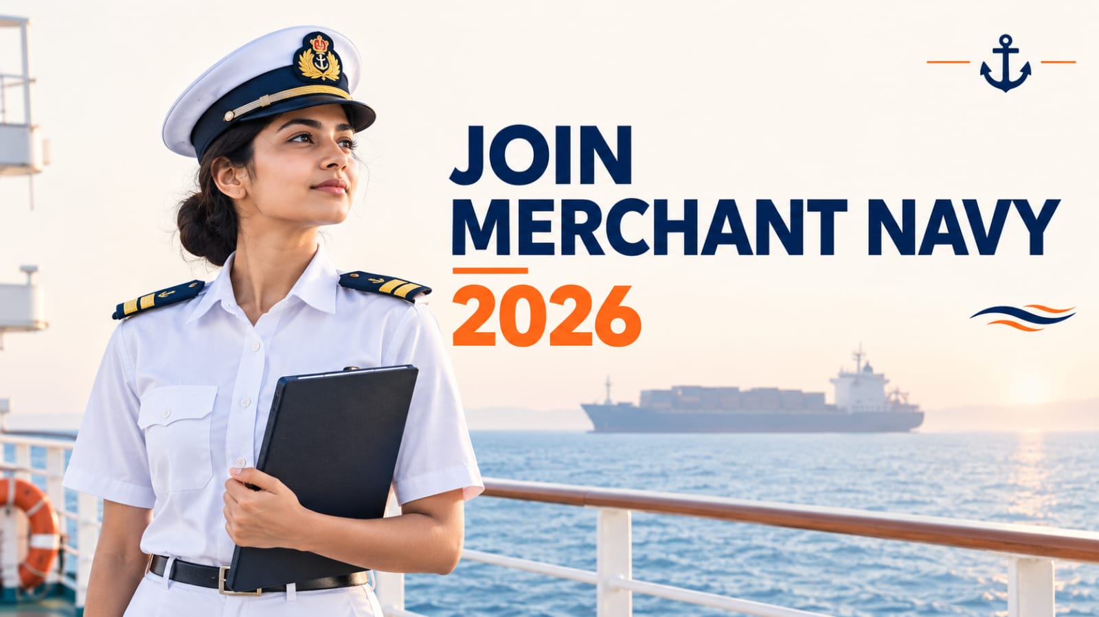 Join Merchant Navy — young Indian officer on ship deck, complete career guide