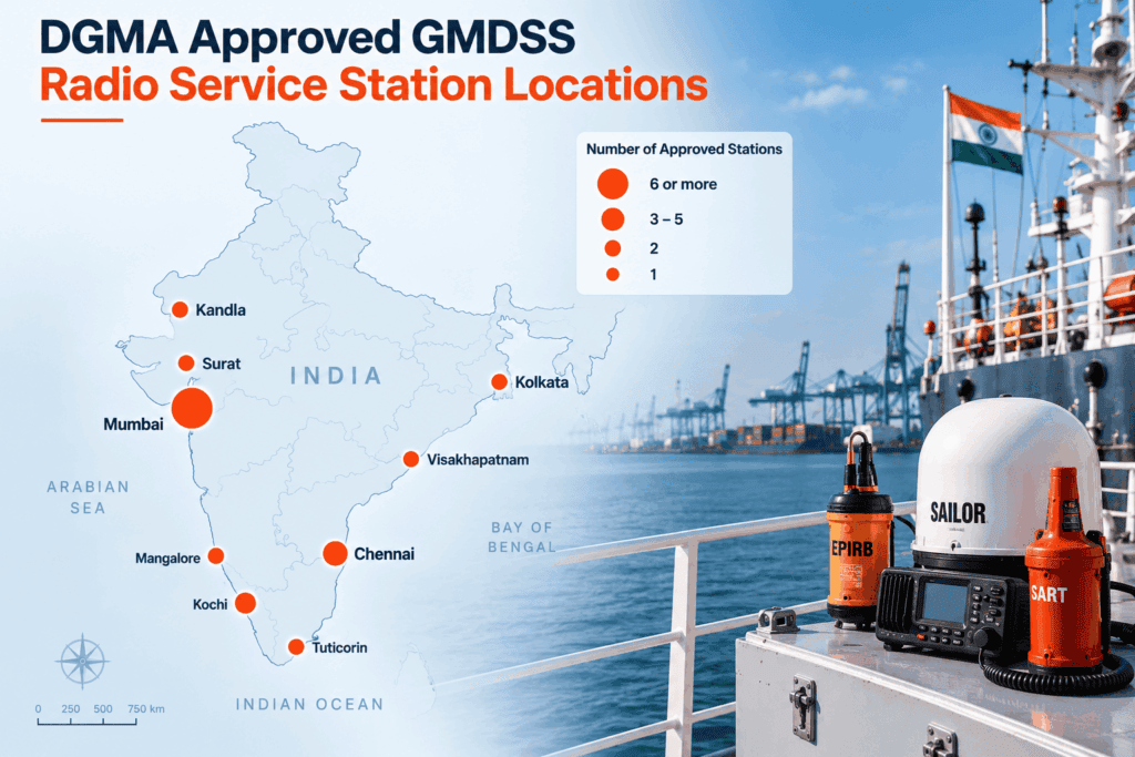 Map of DGMA approved GMDSS radio service station locations across India.