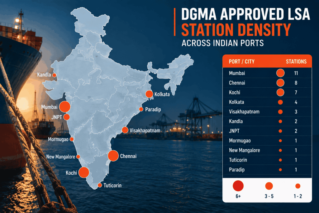 Map of DGMA approved LSA service station density across Indian ports.