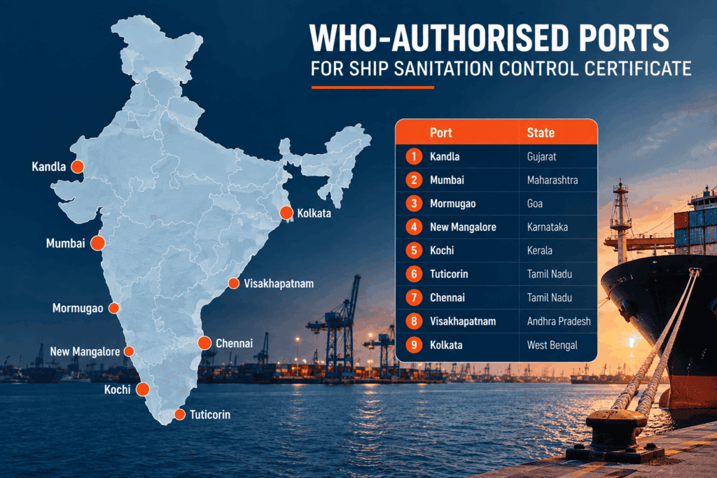 Map of India showing WHO-authorised ports issuing Ship Sanitation Control Certificates