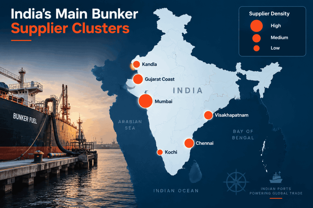 Map showing India's main bunker supplier port clusters by density.