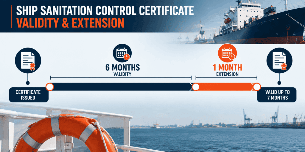 Timeline showing 6-month validity and 1-month extension of Ship Sanitation Control Certificate