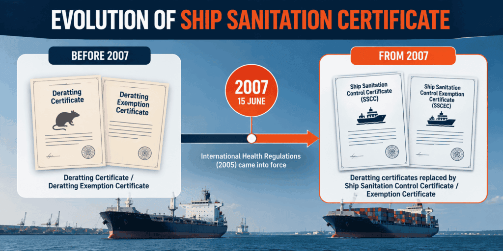 Timeline showing Deratting Certificate replaced by Ship Sanitation Control Certificate in 2007