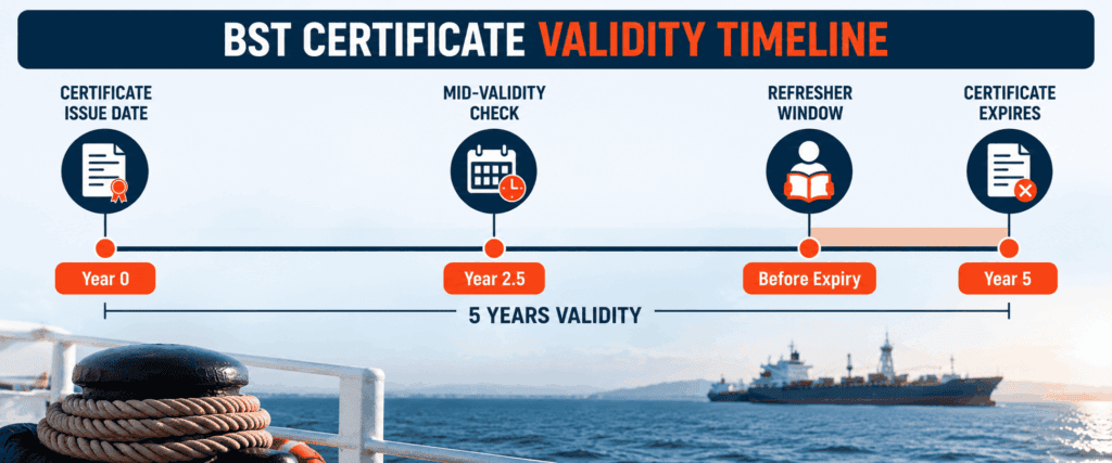 Timeline showing five year BST certificate validity and refresher period.