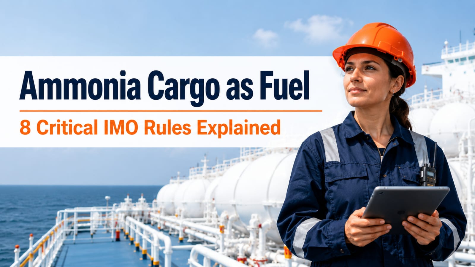 Woman safety officer reviewing ammonia cargo as fuel guidelines on a gas carrier deck