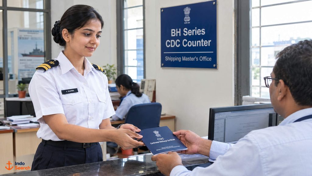 Merchant navy officer collecting a new BH Series CDC at the Shipping Master's office