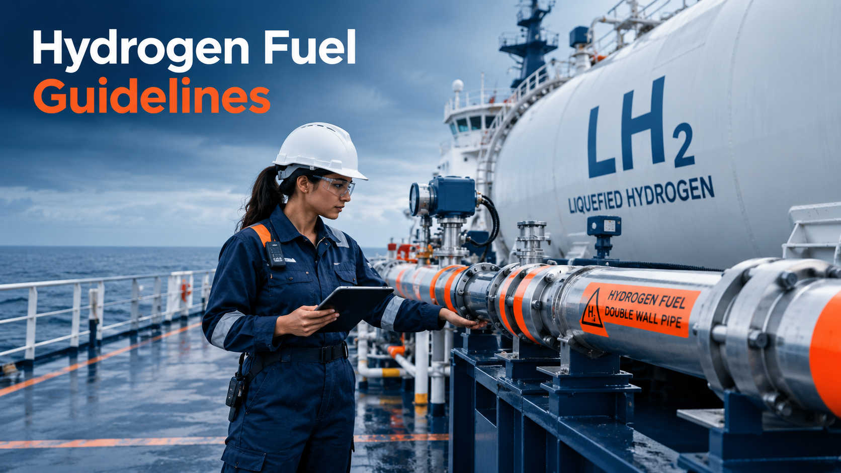 Woman officer inspecting hydrogen fuel piping on ship deck