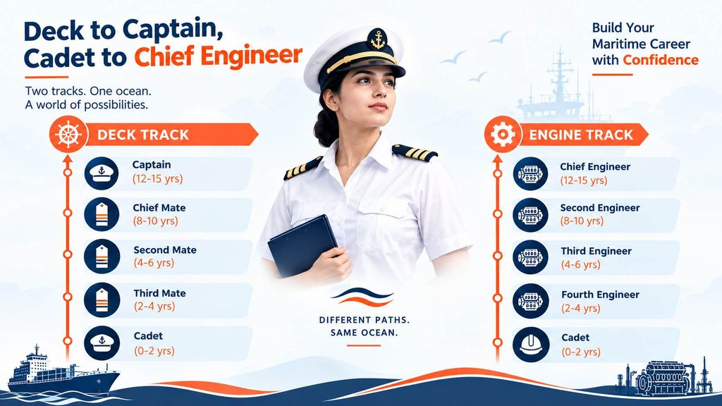 Merchant Navy career growth path — Cadet to Captain and Chief Engineer